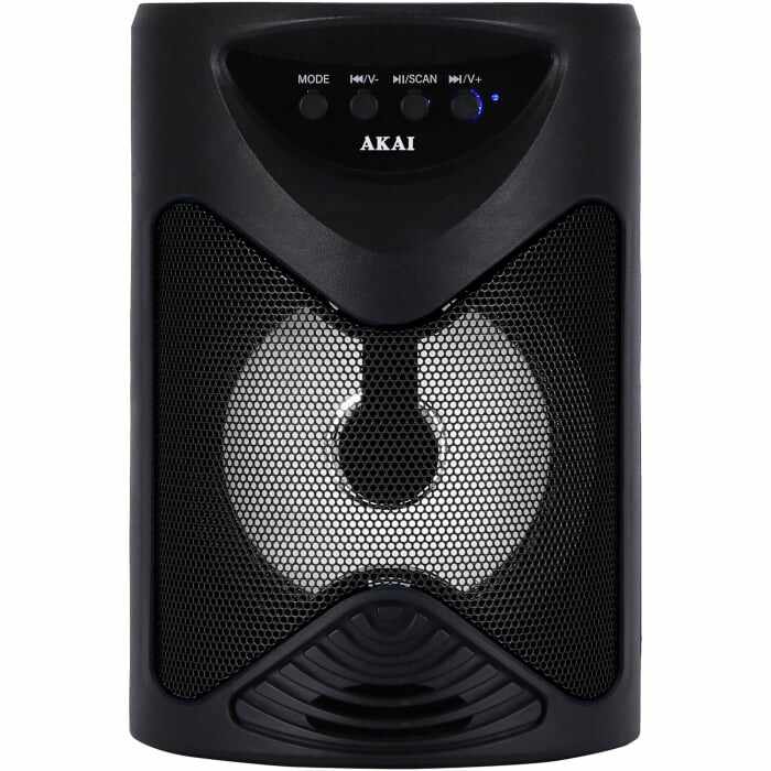 Boxa portabila Akai ABTS-704, Bluetooth 4.2, radio FM, 1x port USB pentru mp3 player, 1x slot card TF, lumini LED, baterie reincarcabila, 1x slot pentru microfon, timp de incarcare 2 ore, timp de folo