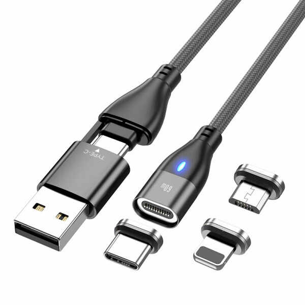 Cablu magnetic 6 in 1 de incarcare si transfer date PD 60W 3A Fast Charge Interfara USB / USB Type -C, 3 mufe Lightning/ Micro USB / Type-C, 2m